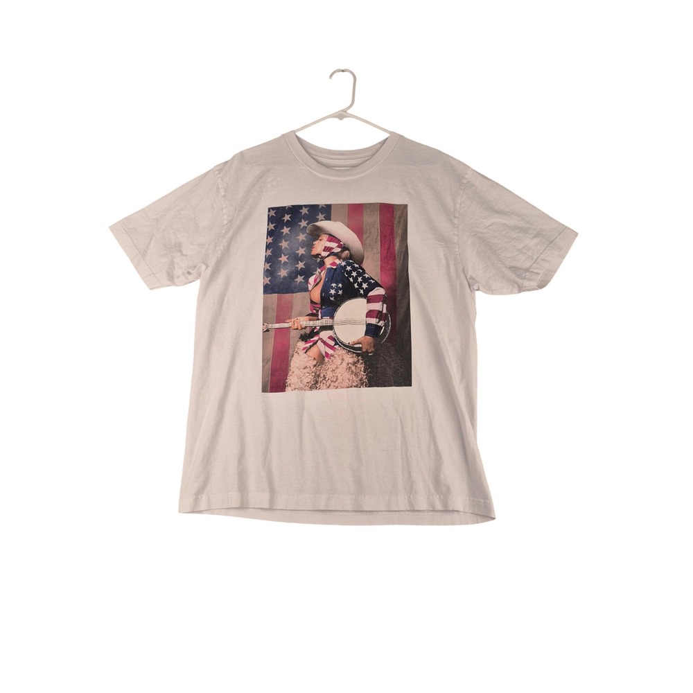 Beyonce Cowboy Carter American Flag Banjo Graphic T-Shirt White Mens Large 2025